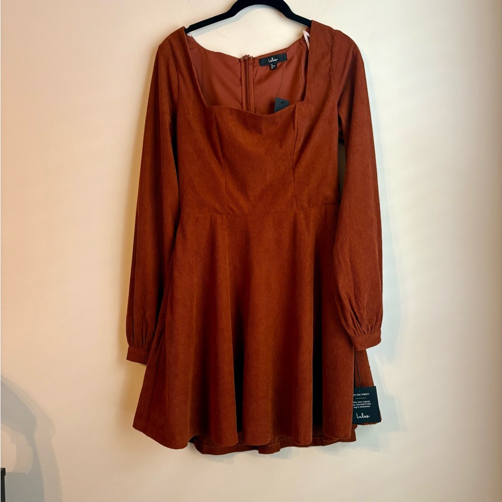 Lulu's Rust Long-Sleeve Corduroy Skater Dress